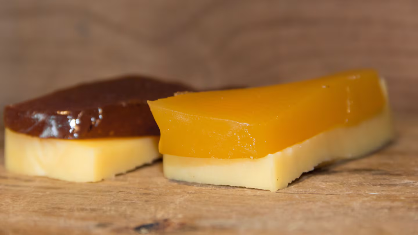 Traditional Argentine dessert “postre vigilante” made with cheese and sweet potato and quince paste, representing Argentine dairy products available in the USA.
