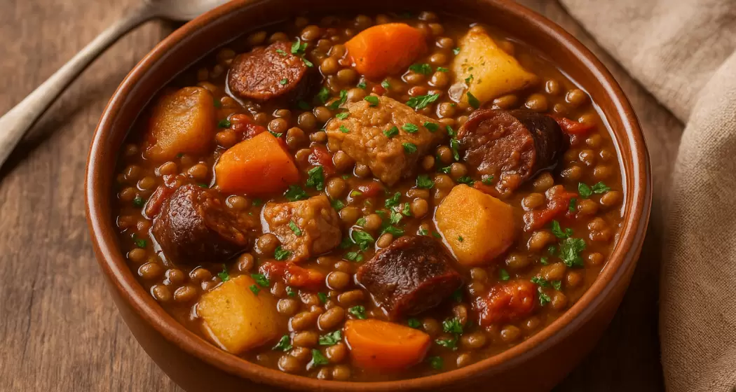 Argentine lentil stew with chorizo, potatoes, and vegetables served in a rustic clay bowl — a hearty traditional fall comfort food. Argentine lentil stew with chorizo, potatoes, and vegetables served in a rustic clay bowl — a hearty traditional fall comfort food.
