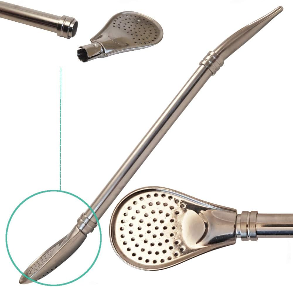 Bombilla para mate de acero inoxidable con filtro tipo cuchara desmontable, mostrada en detalle.