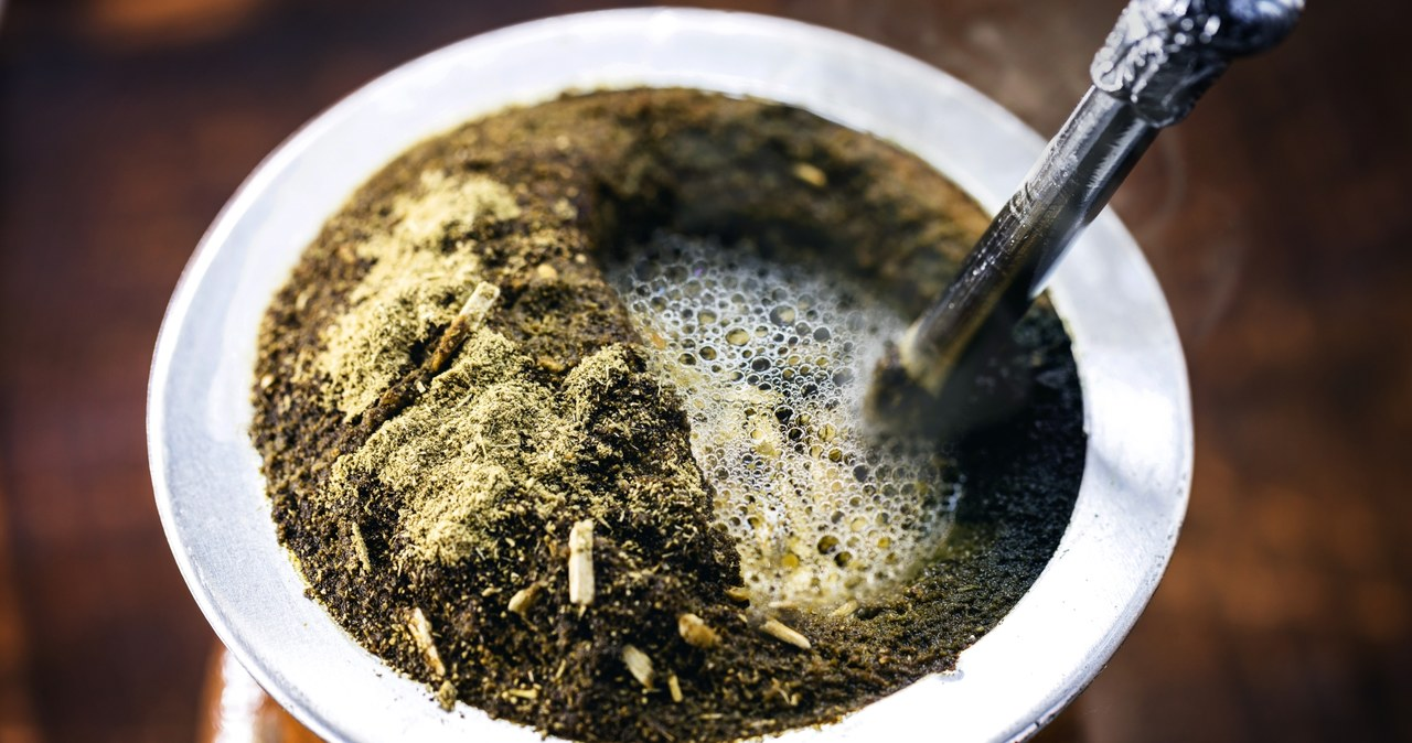 Freshly prepared Argentine mate with leaf and stem yerba, showing foam and a metal bombilla