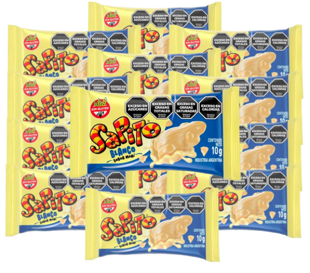 Golosos Sapito Blanco sabor maní: golosinas argentinas con forma de sapo, en envoltorio amarillo y azul, sin TACC.